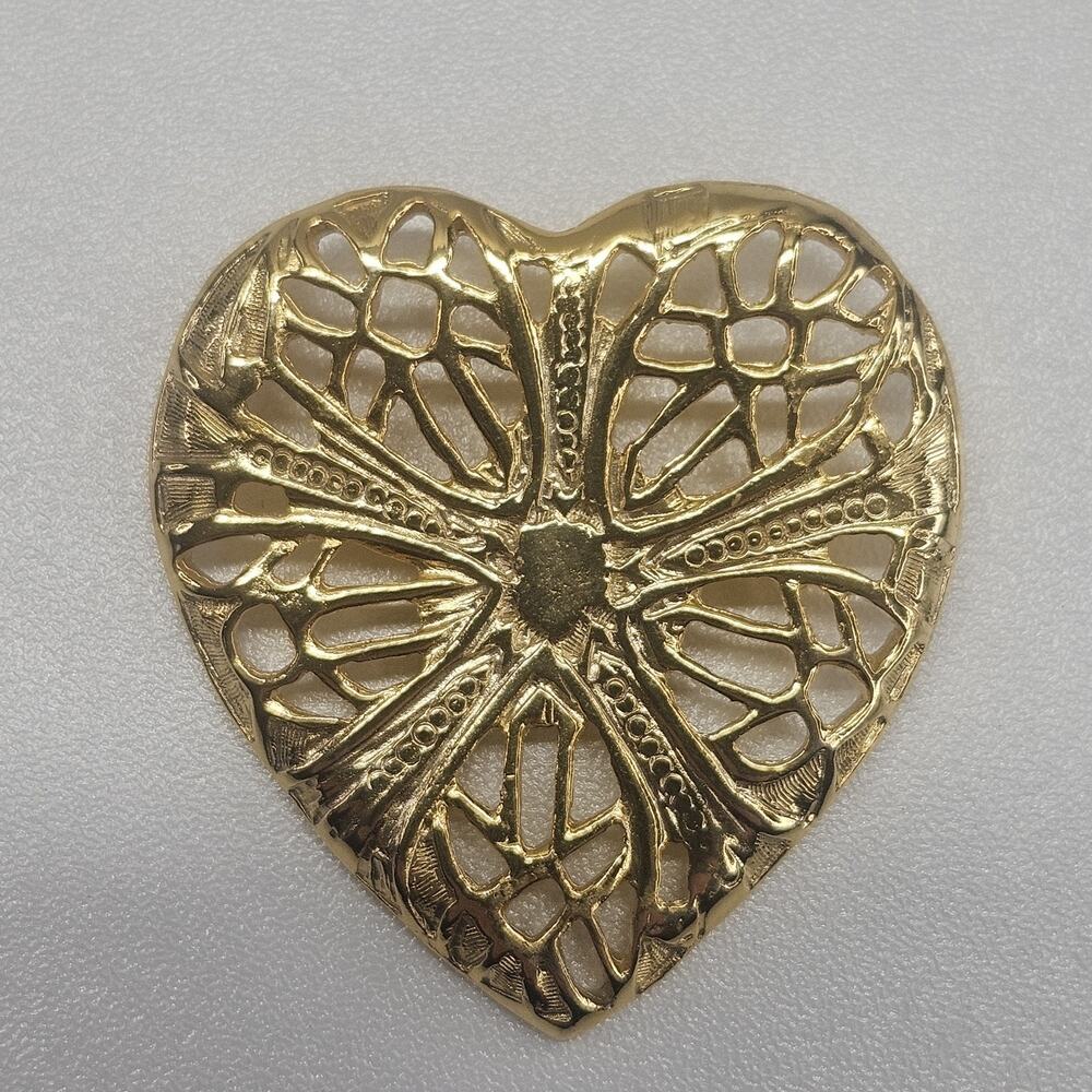 Gold Tone Heart Brooch Pin Fashion Jewelry 1 3/4" Vintage Statement Piece